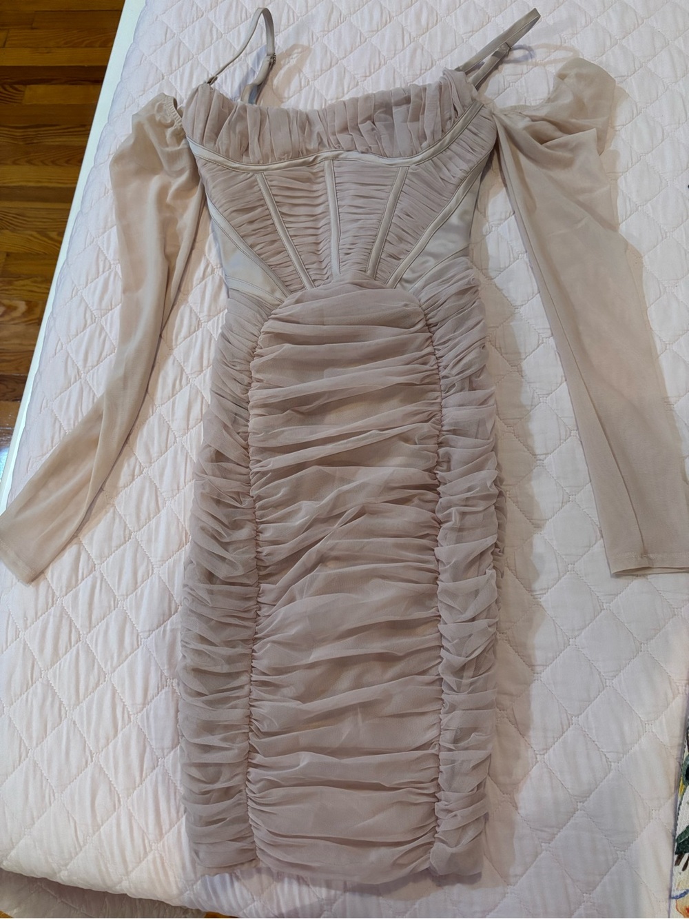 House of CB Beige Ruched Long-Sleeve Mesh Dress